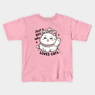 Just a Girl Who Loves Cats & a cute white kitten smiles happy Kids T-Shirt